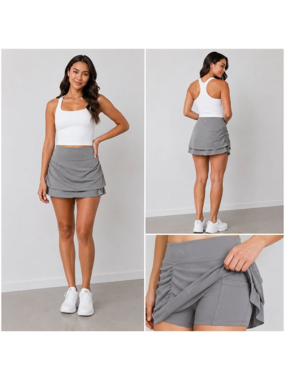 JoyLab Gray M Skort With Tiered Layers Side Ruching Pockets On Shorts